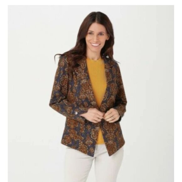 Logo By Lori Goldstein Blazer XL Baroque Print Ponte Knit Navy Gold - Picture 2 of 13